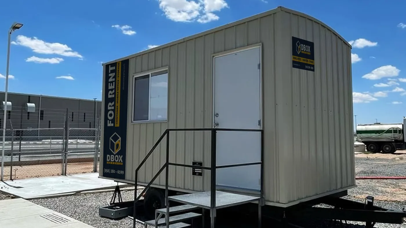 A DBOX Rentals mobile office set up on a job site