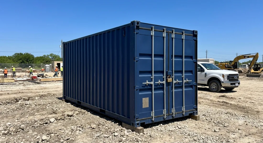 A secure weatherproof storage container on a job site